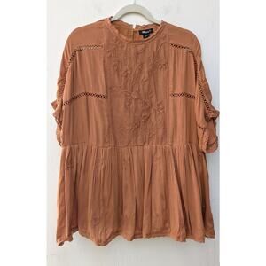 Main St Women's Orange Top Boho Embroidery Lace Short Sleeve Size Large